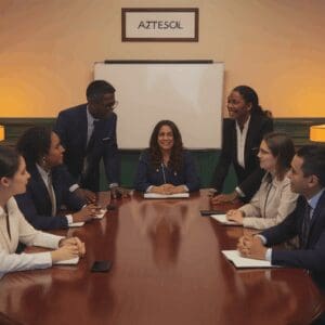 A business team meeting around a conference table with a leader at the head.