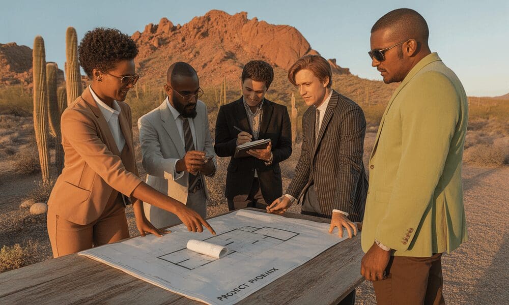 Five men in formal attire discuss plans over blueprints outdoors.