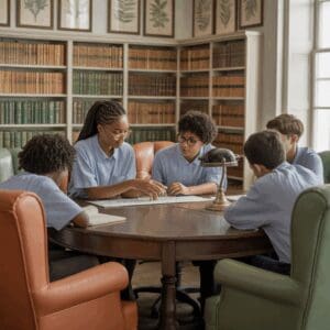 Children studying together around a table in a cozy library room.