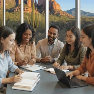 A diverse group collaborating around a table in a bright room.