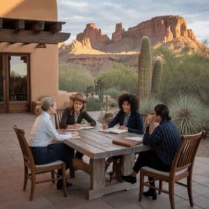 Four people dining outdoors with desert landscape in the background.