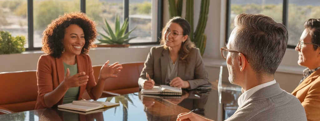 Businesswoman attentively listening in a meeting.