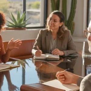 A group of professionals engaged in a meeting around a conference table.