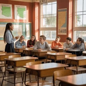 Teacher engaging students in a bright classroom discussion.