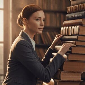 Woman organizing old books in a library.