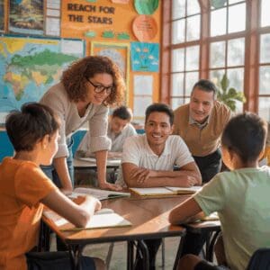 Teacher engaging students in a lively classroom discussion.
