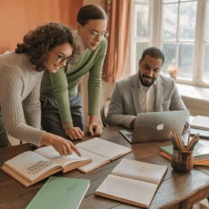 Three colleagues collaborating with books and laptop at a workspace.