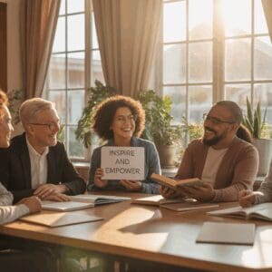 Diverse team celebrating success with a positive message during a meeting.