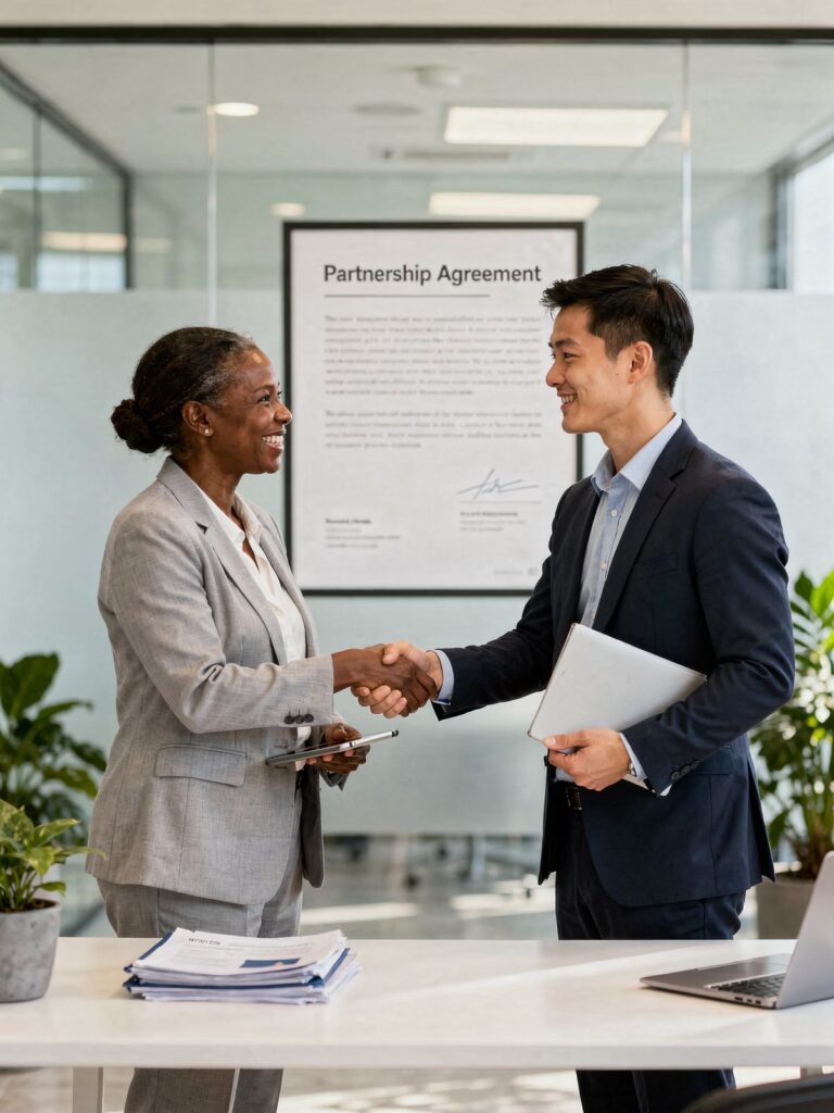 Businesspeople shaking hands in office agreement.