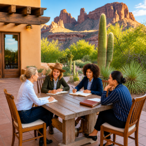 Four professionals meeting outdoors on a patio surrounded by Arizona desert landscapes, cactus plants, and red rock mountains while discussing ideas and taking note