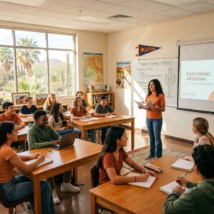 Students participating in an AZTESOL classroom presentation about Arizona cultures and landscapes in a bright learning environment with desert-themed visuals