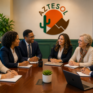 “AZTESOL leadership team seated around a conference table during a professional meeting, smiling and collaborating in an office with Arizona-inspired branding and déc