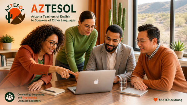 Four educators and professionals gathered around a laptop during an AZTESOL meeting, collaborating in a bright Arizona-inspired office space with desert scenery and cactus décor.