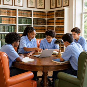 Group of students collaborating around a table in a library setting, using a laptop and books together while studying in a bright academic environment lined with bookshelve
