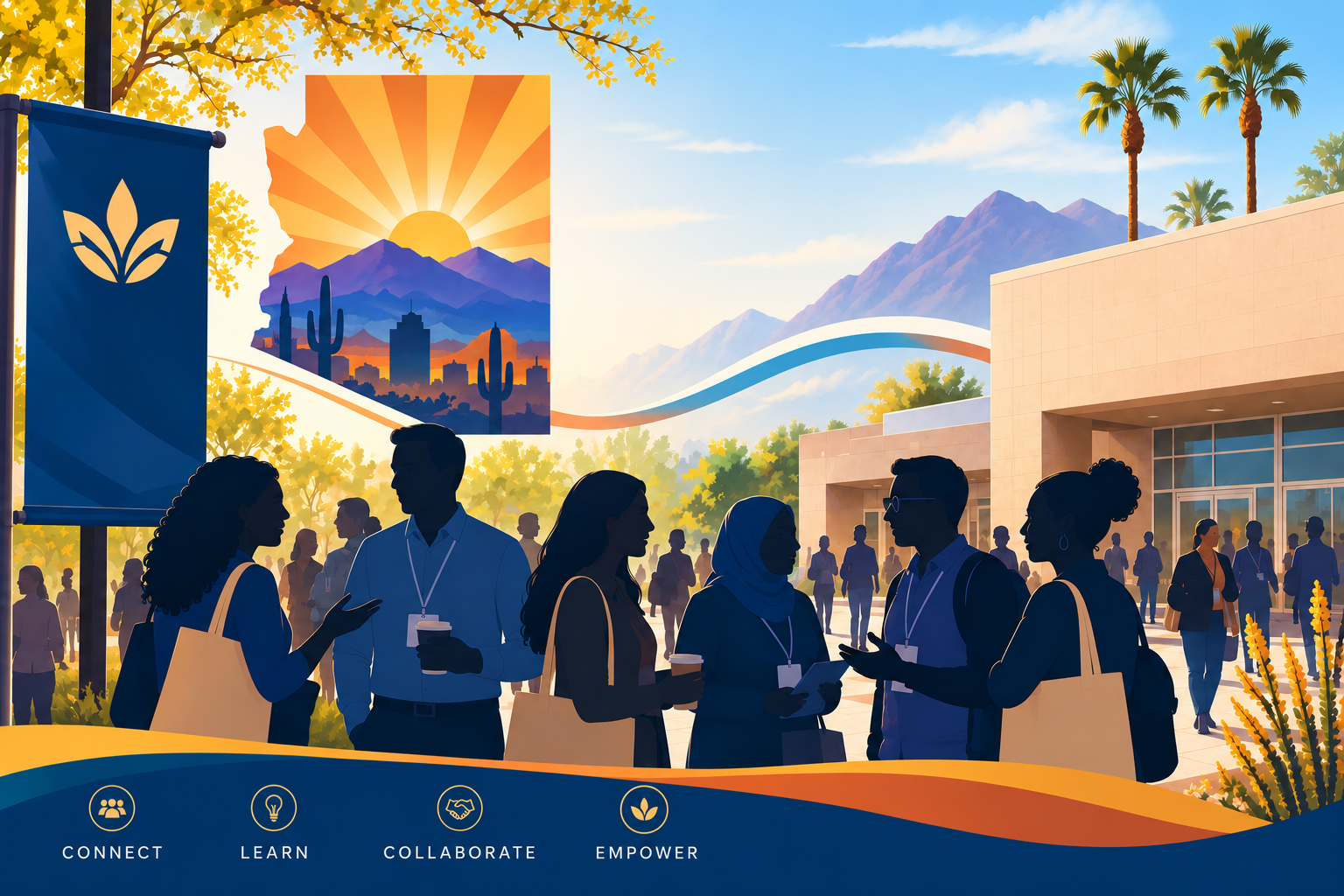 Educators and professionals networking at an Arizona campus, with desert mountains, palm trees, and a sunrise-inspired Arizona graphic representing connection, learning, collaboration, and empowerment.