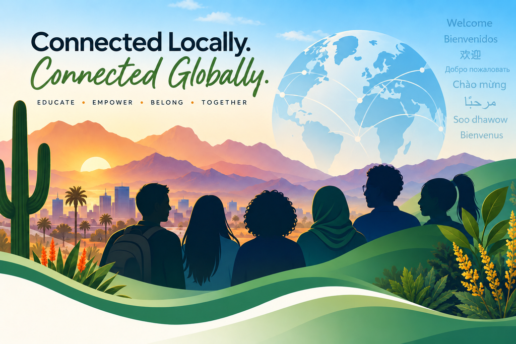 Diverse silhouettes overlooking an Arizona desert landscape and city skyline, with a connected globe representing AZTESOL’s local community and global connections.
