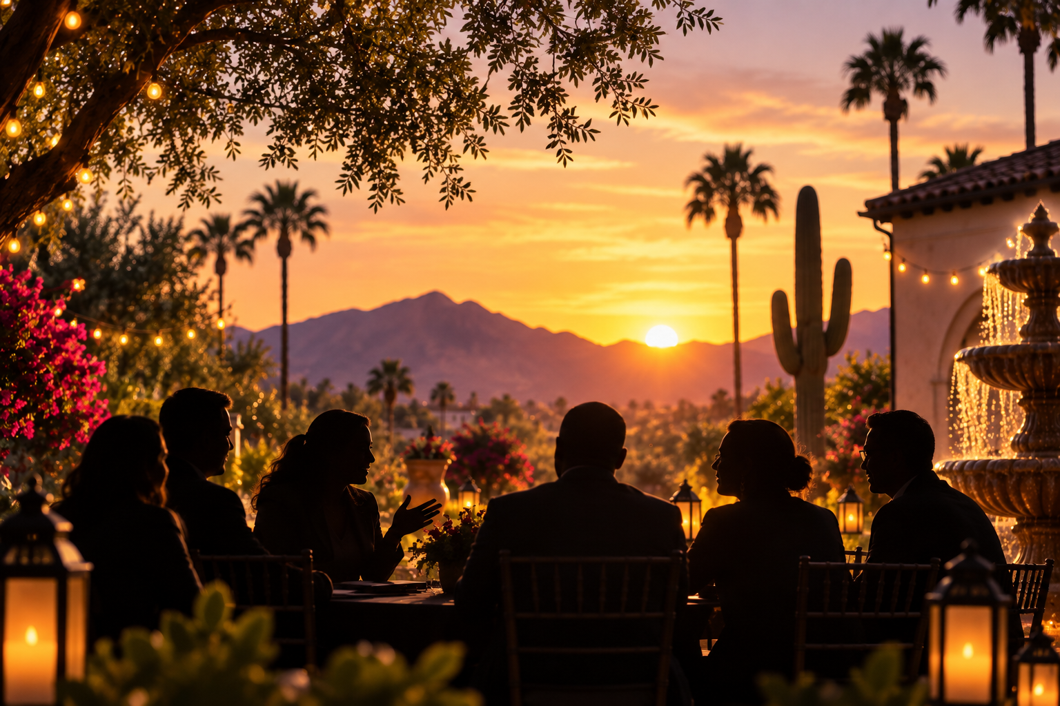 Silhouettes of education and community leaders gathered for a collaborative discussion in an Arizona courtyard at sunset.