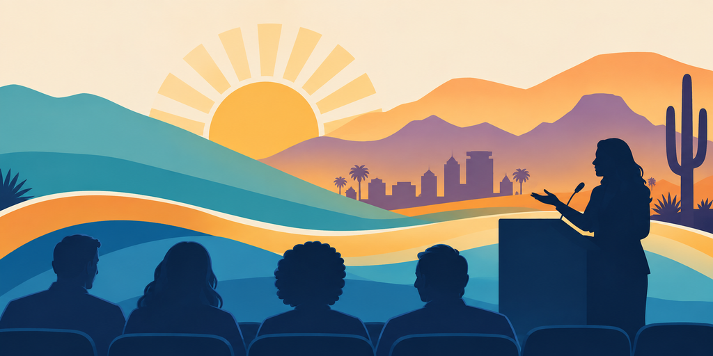 Silhouettes of educators attending a conference presentation against an Arizona desert landscape and city skyline, representing professional learning and connection.