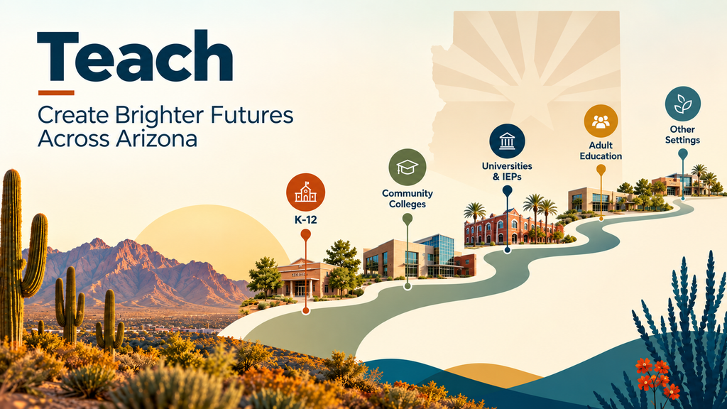 Arizona desert landscape with a winding career pathway connecting K–12 schools, community colleges, universities and IEPs, adult education, and other teaching settings.
