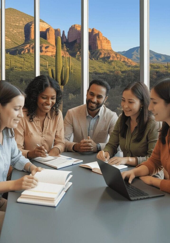 A diverse group collaborating around a table in a bright room.